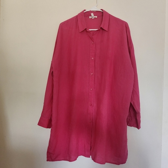 Eileen Fisher Lagenlook Fuchsia Long Sleeve Button-Up Linen Tunic Blouse Sz S - Picture 12 of 12